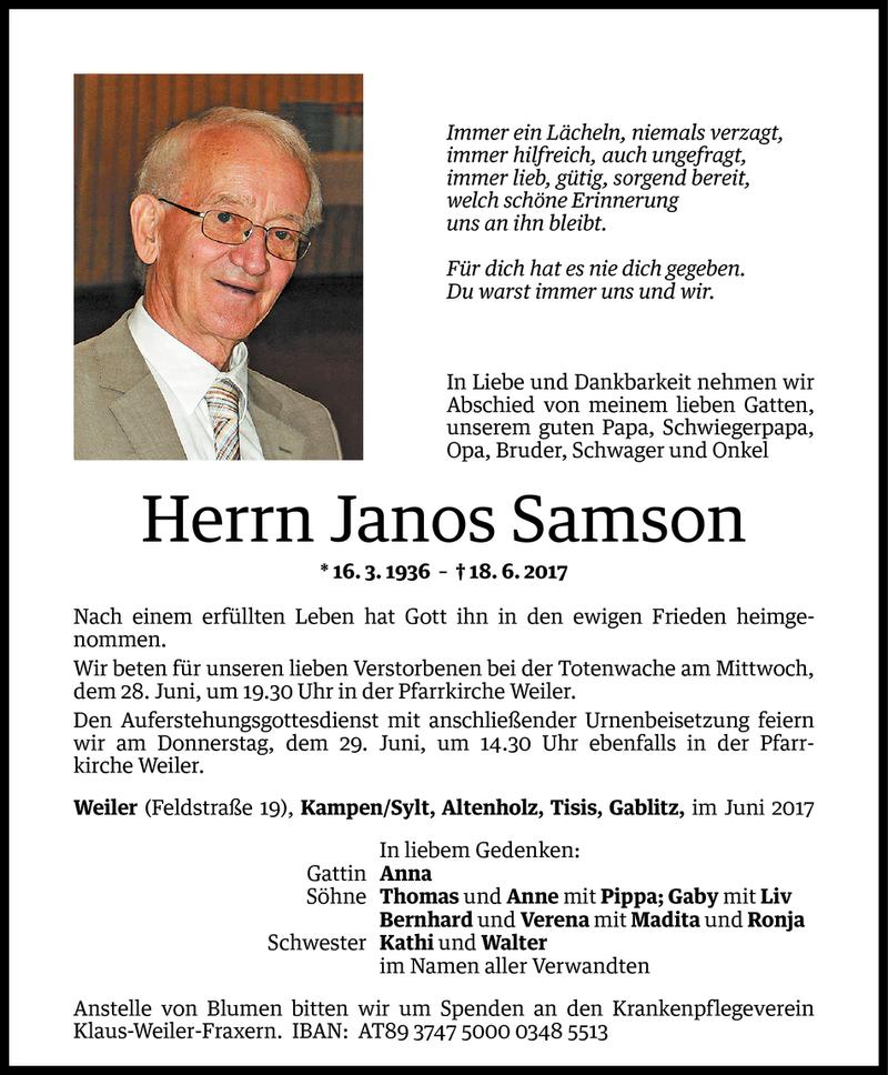  Todesanzeige für Janos Samson vom 24.06.2017 aus Vorarlberger Nachrichten