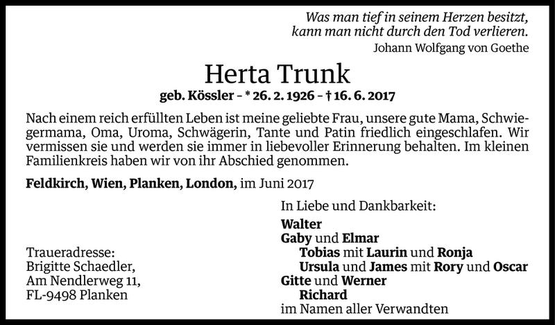  Todesanzeige für Herta Trunk vom 23.06.2017 aus Vorarlberger Nachrichten