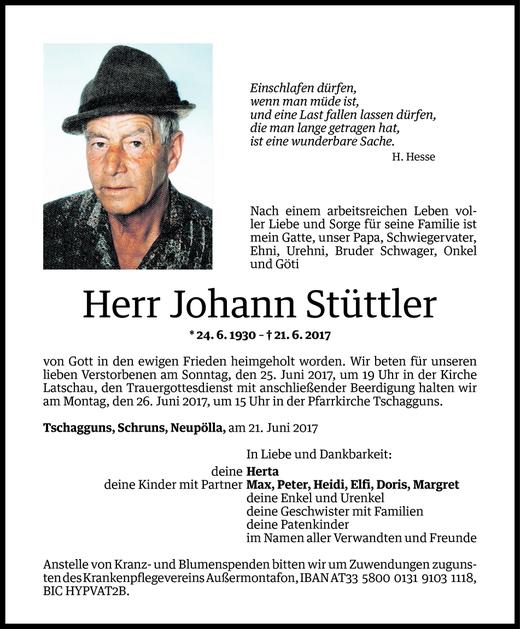 Todesanzeige von Johann Stüttler von Vorarlberger Nachrichten