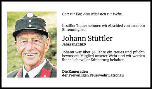 Todesanzeige von Johann Stüttler von Vorarlberger Nachrichten