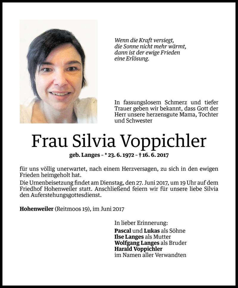  Todesanzeige für Silvia Voppichler vom 23.06.2017 aus Vorarlberger Nachrichten