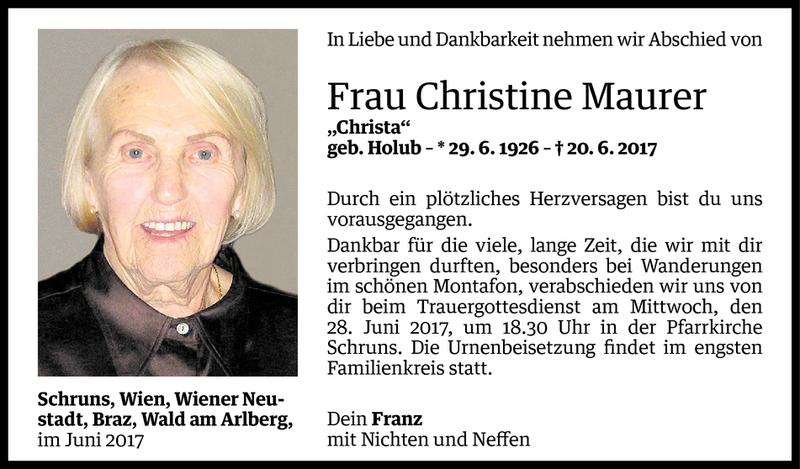  Todesanzeige für Christine Maurer vom 25.06.2017 aus Vorarlberger Nachrichten