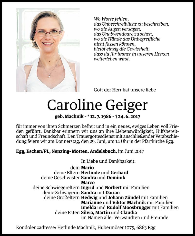 Todesanzeigen von Caroline Geiger | Todesanzeigen Vorarlberger Nachrichten