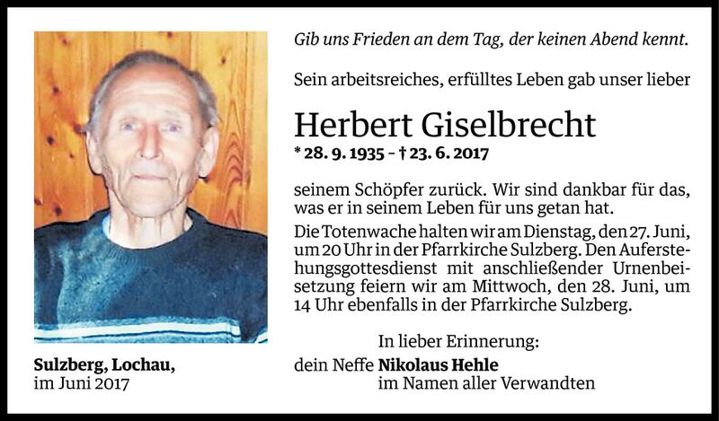  Todesanzeige für Herbert Giselbrecht vom 26.06.2017 aus Vorarlberger Nachrichten