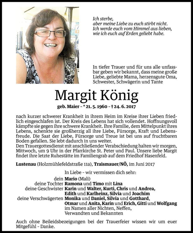  Todesanzeige für Margit König vom 26.06.2017 aus Vorarlberger Nachrichten