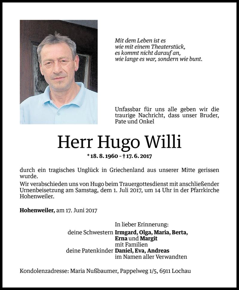  Todesanzeige für Hugo Willi vom 27.06.2017 aus Vorarlberger Nachrichten