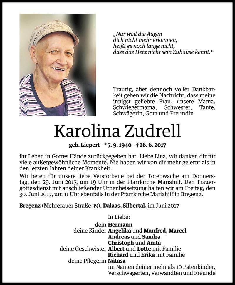  Todesanzeige für Karolina Zudrell vom 27.06.2017 aus Vorarlberger Nachrichten