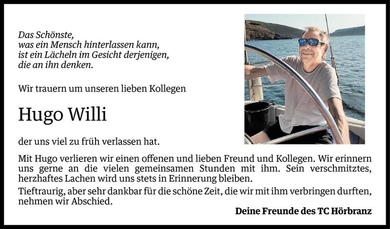  Todesanzeige für Hugo Willi vom 28.06.2017 aus Vorarlberger Nachrichten