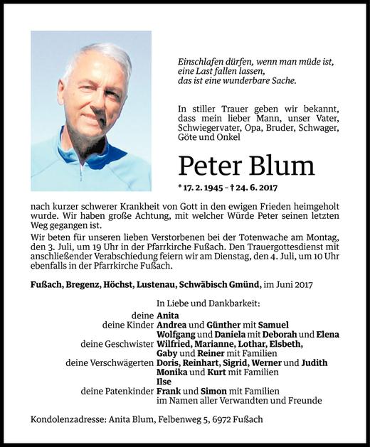 Todesanzeigen Von Peter Blum | Todesanzeigen Vorarlberger Nachrichten