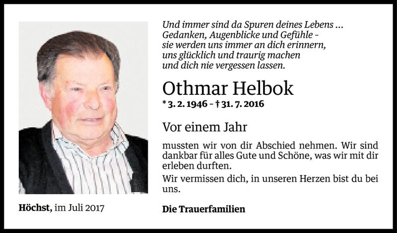  Todesanzeige für Othmar Helbok vom 30.07.2017 aus Vorarlberger Nachrichten