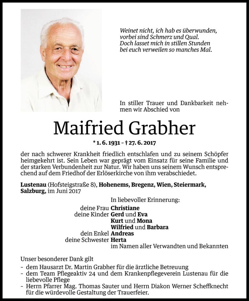  Todesanzeige für Maifried Grabher vom 04.07.2017 aus Vorarlberger Nachrichten