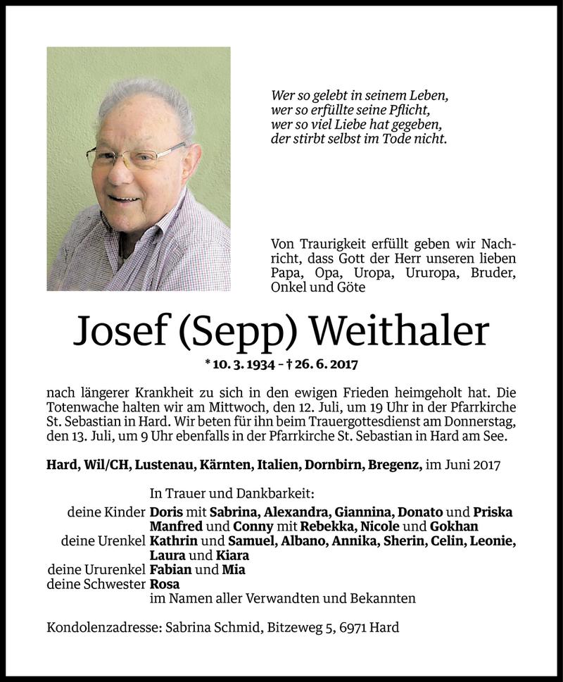  Todesanzeige für Josef Weithaler vom 30.06.2017 aus Vorarlberger Nachrichten