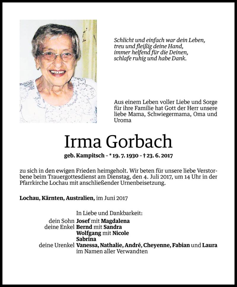  Todesanzeige für Irma Gorbach vom 30.06.2017 aus Vorarlberger Nachrichten