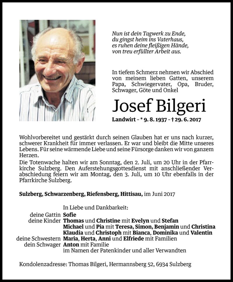  Todesanzeige für Josef Bilgeri vom 30.06.2017 aus Vorarlberger Nachrichten