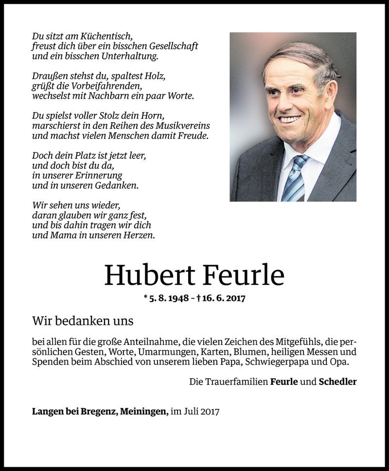  Todesanzeige für Hubert Feurle vom 07.07.2017 aus Vorarlberger Nachrichten