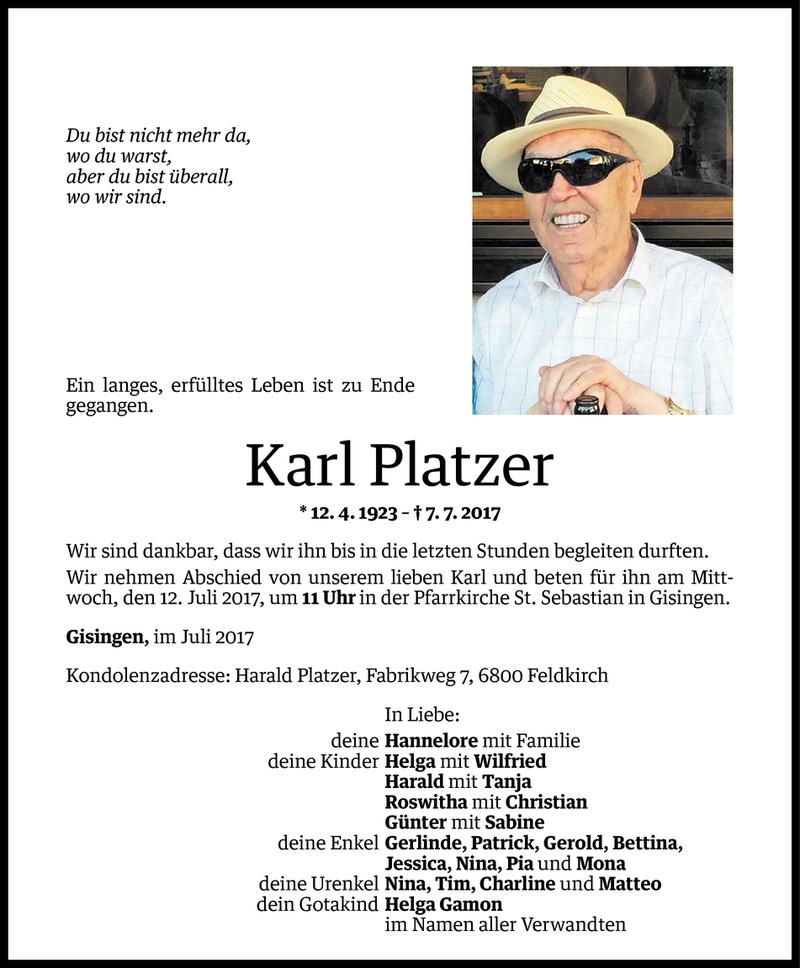  Todesanzeige für Karl Platzer vom 09.07.2017 aus Vorarlberger Nachrichten