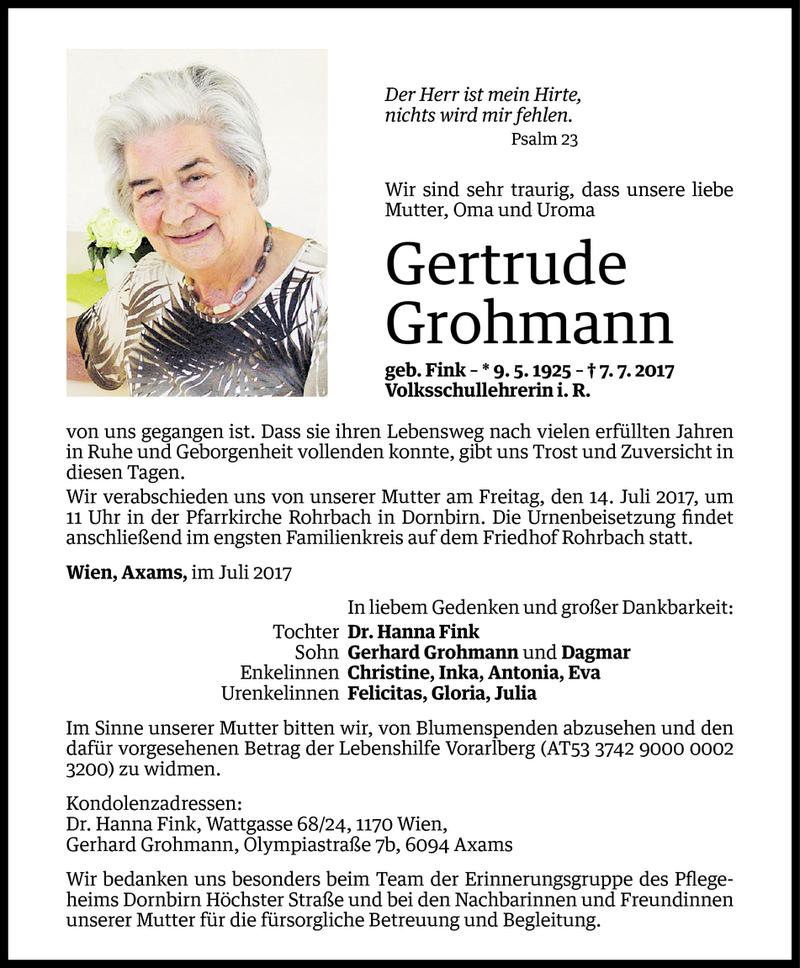  Todesanzeige für Gertrude Grohmann vom 10.07.2017 aus Vorarlberger Nachrichten