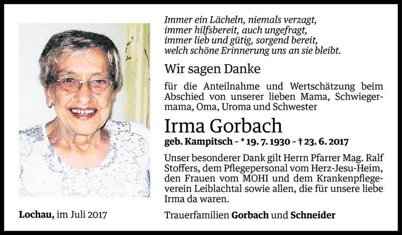  Todesanzeige für Irma Gorbach vom 14.07.2017 aus Vorarlberger Nachrichten