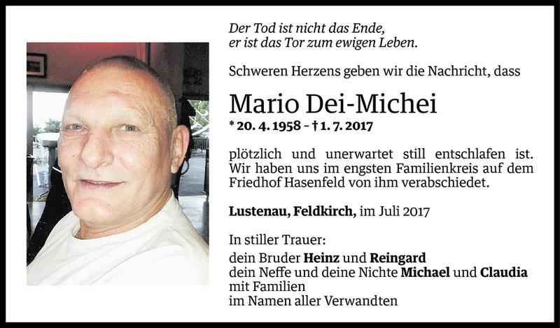  Todesanzeige für Mario Dei-Michei vom 12.07.2017 aus Vorarlberger Nachrichten