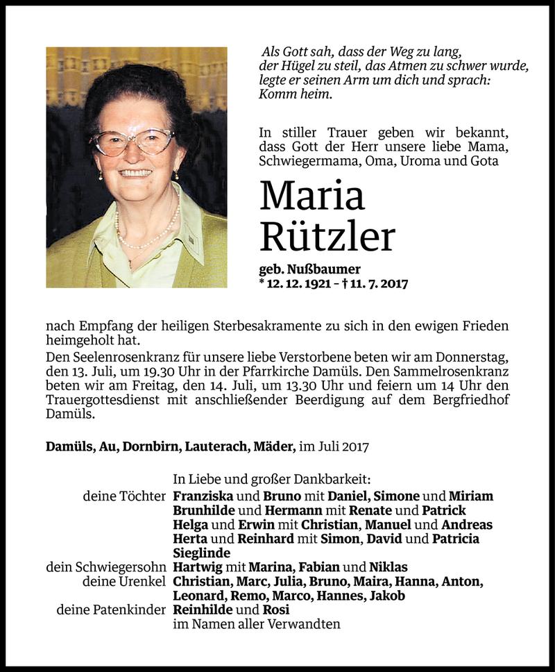  Todesanzeige für Maria Rützler vom 12.07.2017 aus Vorarlberger Nachrichten