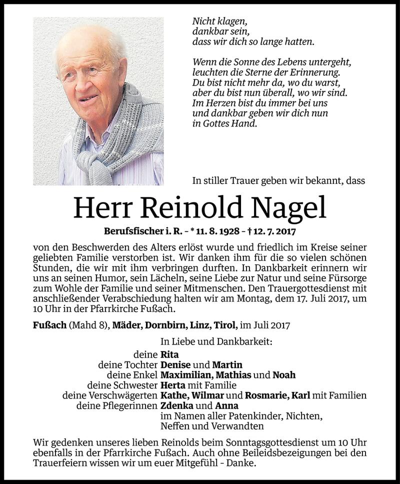 Todesanzeigen von Reinold Nagel Todesanzeigen Vorarlberger Nachrichten