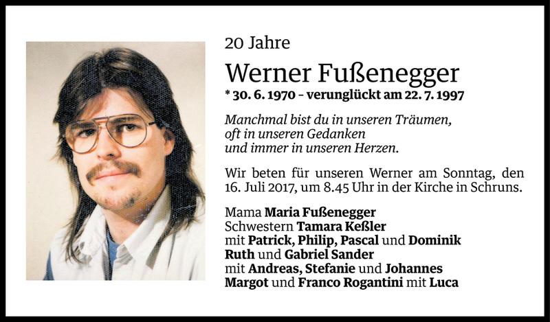  Todesanzeige für Werner Fußenegger vom 14.07.2017 aus Vorarlberger Nachrichten
