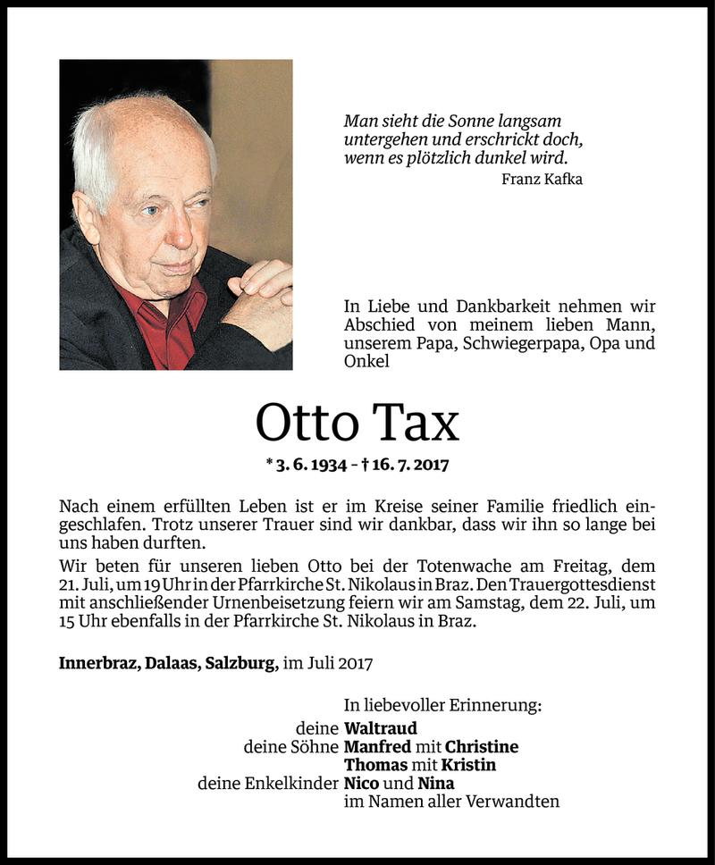  Todesanzeige für Otto Tax vom 19.07.2017 aus Vorarlberger Nachrichten