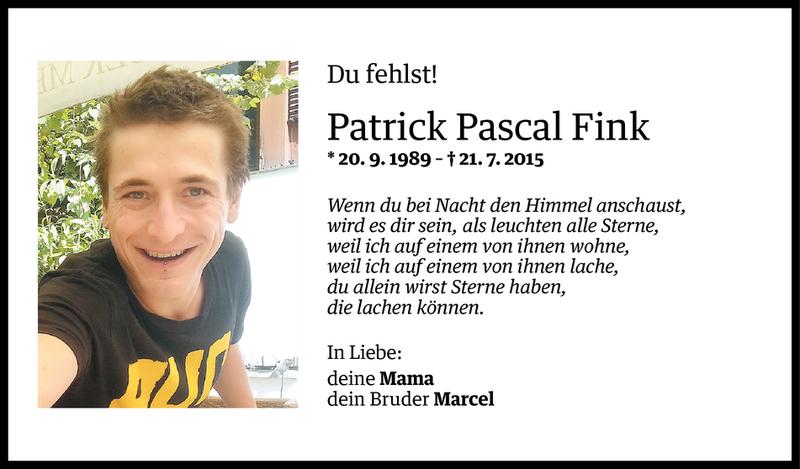  Todesanzeige für Patrick Pascal Fink vom 20.07.2017 aus Vorarlberger Nachrichten