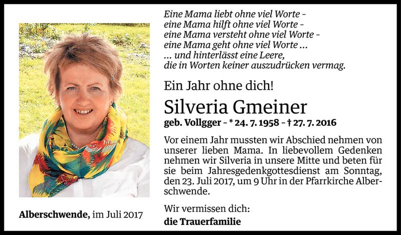  Todesanzeige für Silveria Gmeiner vom 20.07.2017 aus Vorarlberger Nachrichten