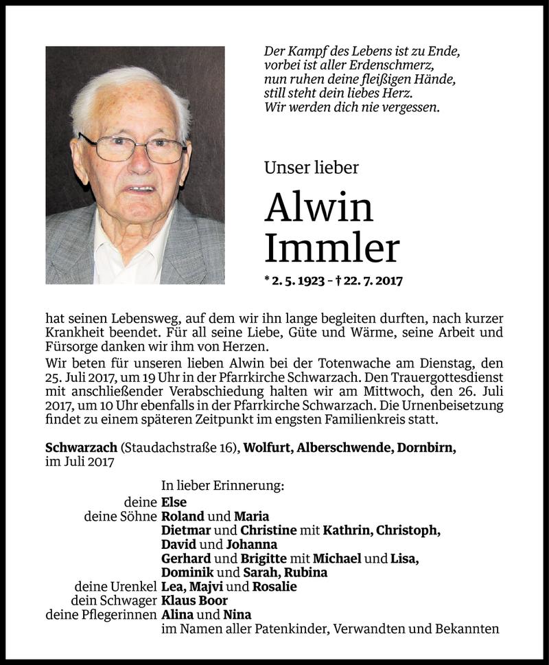  Todesanzeige für Alwin Immler vom 23.07.2017 aus Vorarlberger Nachrichten