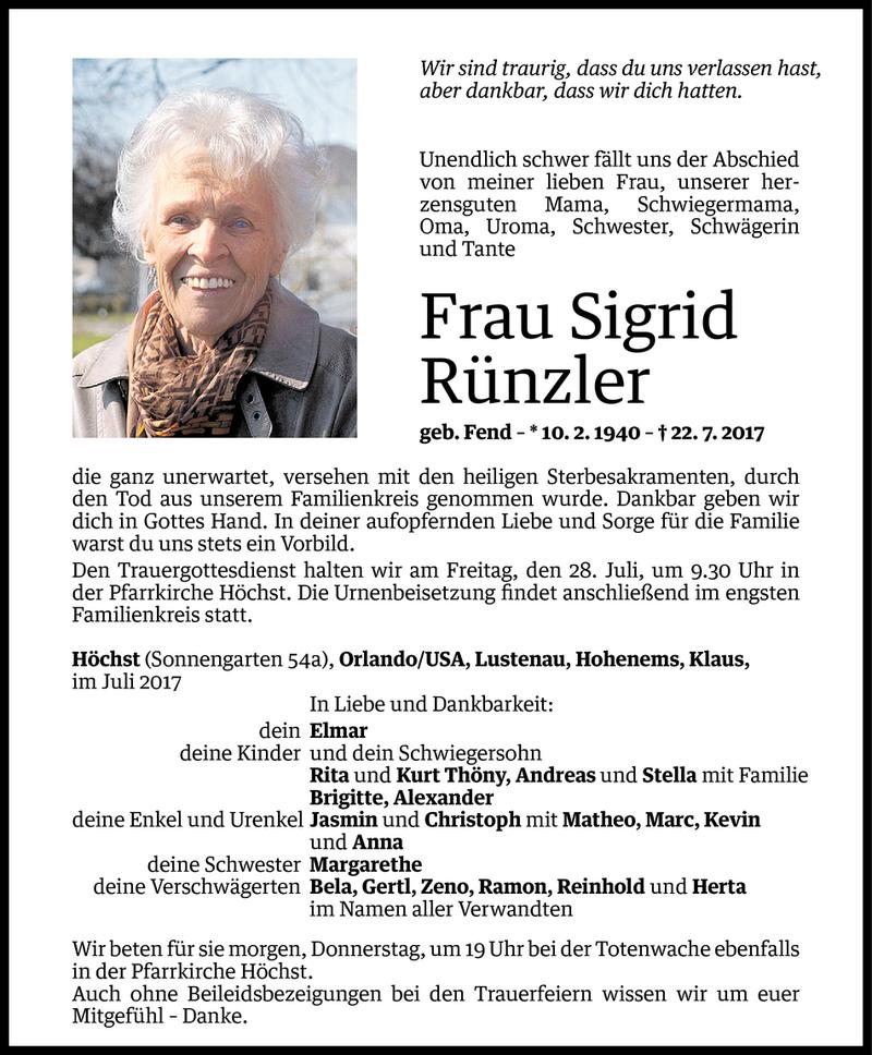  Todesanzeige für Sigrid Rünzler vom 25.07.2017 aus Vorarlberger Nachrichten