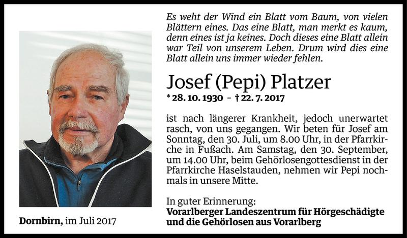  Todesanzeige für Josef Platzer vom 26.07.2017 aus Vorarlberger Nachrichten