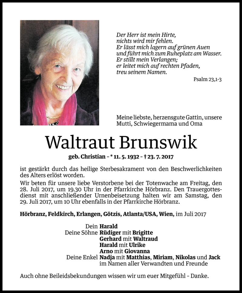  Todesanzeige für Waltraut Brunswik vom 26.07.2017 aus Vorarlberger Nachrichten