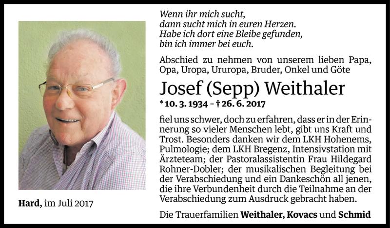  Todesanzeige für Josef Weithaler vom 28.07.2017 aus Vorarlberger Nachrichten