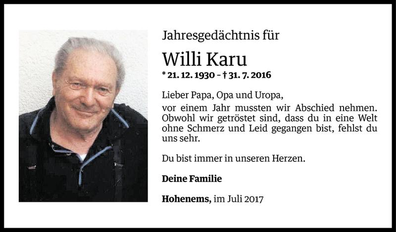  Todesanzeige für Willi Karu vom 30.07.2017 aus Vorarlberger Nachrichten