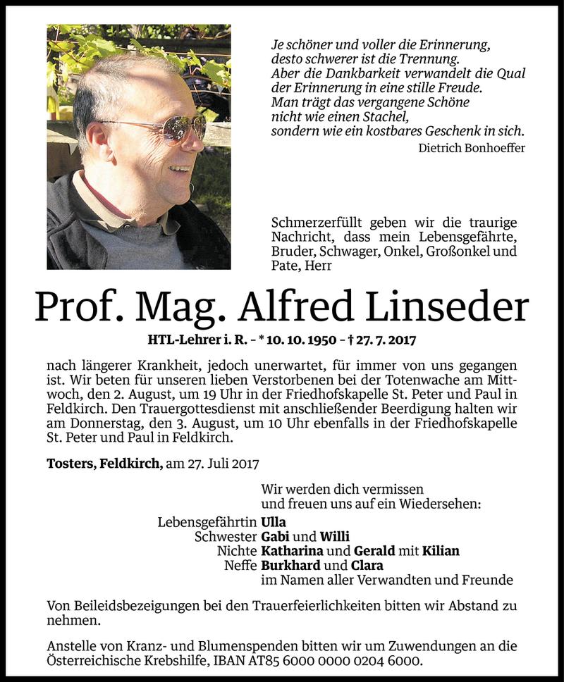  Todesanzeige für Alfred Linseder vom 31.07.2017 aus Vorarlberger Nachrichten
