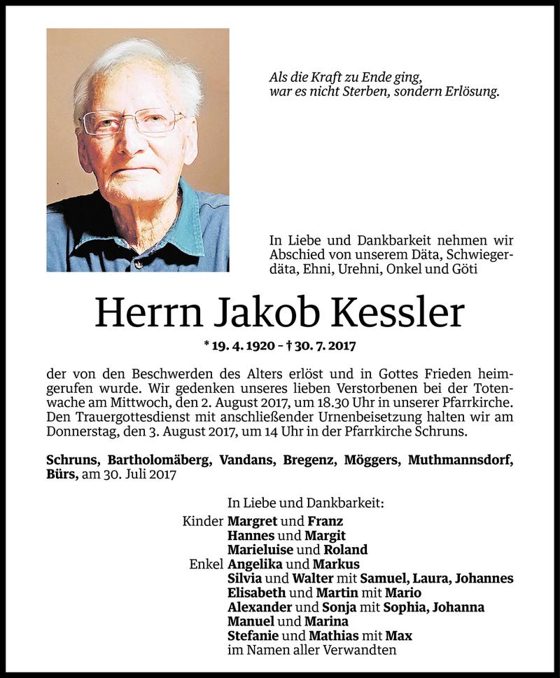  Todesanzeige für Jakob Kessler vom 31.07.2017 aus Vorarlberger Nachrichten