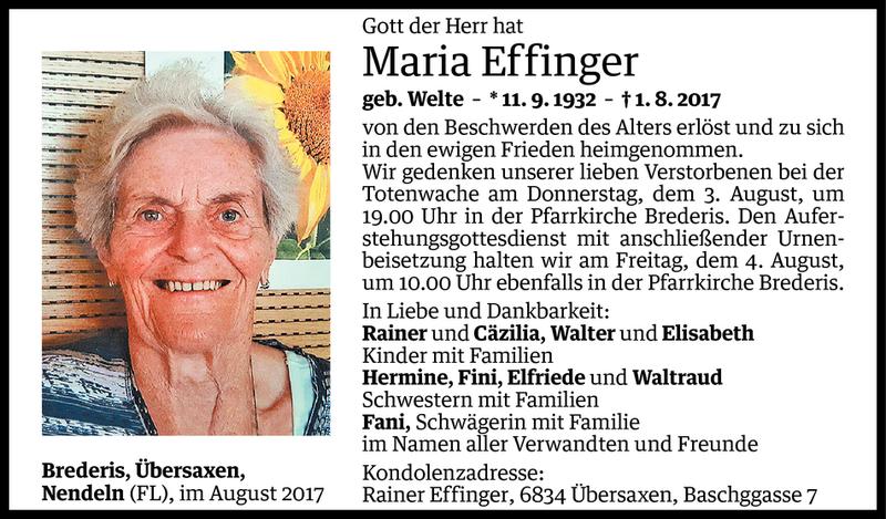  Todesanzeige für Maria Effinger vom 03.08.2017 aus Vorarlberger Nachrichten