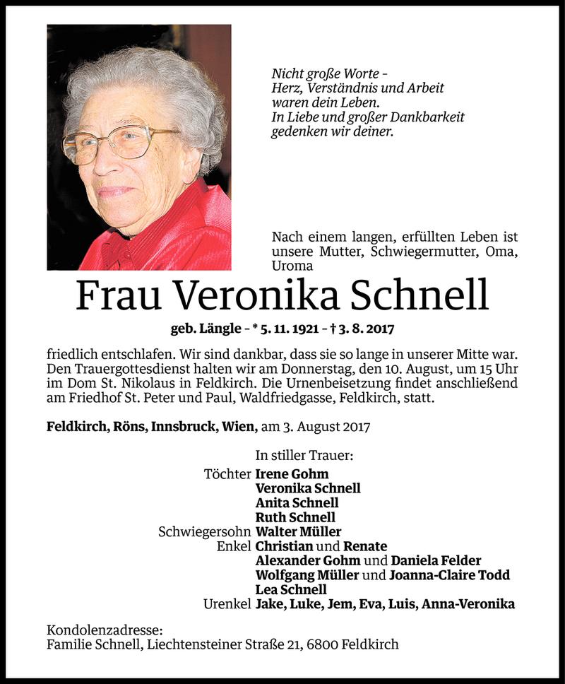  Todesanzeige für Veronika Schnell vom 04.08.2017 aus Vorarlberger Nachrichten