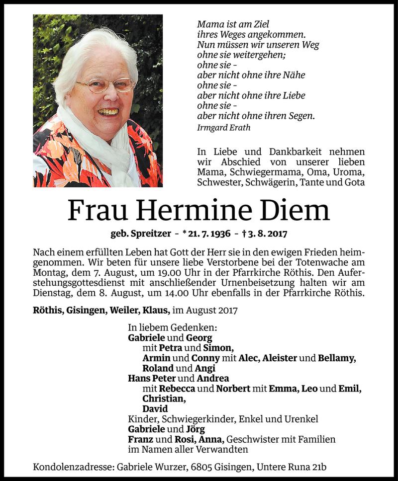  Todesanzeige für Hermine Diem vom 05.08.2017 aus Vorarlberger Nachrichten