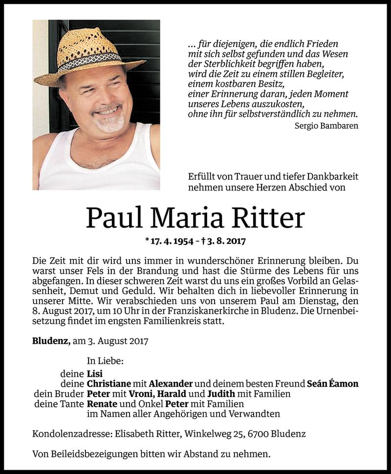  Todesanzeige für Paul Maria Ritter vom 06.08.2017 aus Vorarlberger Nachrichten