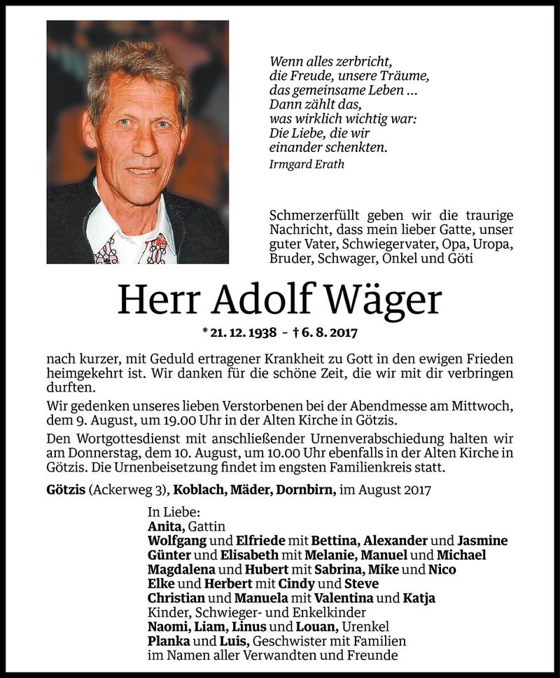  Todesanzeige für Adolf Wäger vom 08.08.2017 aus Vorarlberger Nachrichten