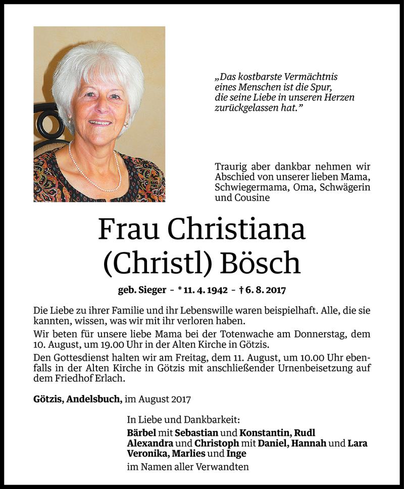  Todesanzeige für Christiana Bösch vom 09.08.2017 aus Vorarlberger Nachrichten