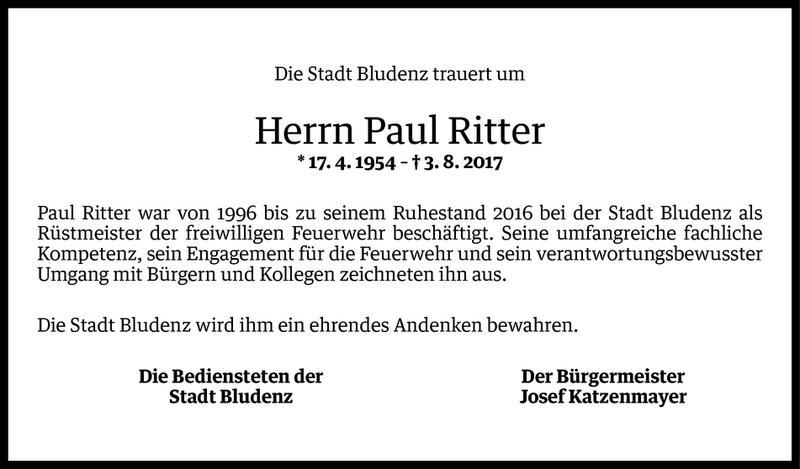  Todesanzeige für Paul Maria Ritter vom 07.08.2017 aus Vorarlberger Nachrichten