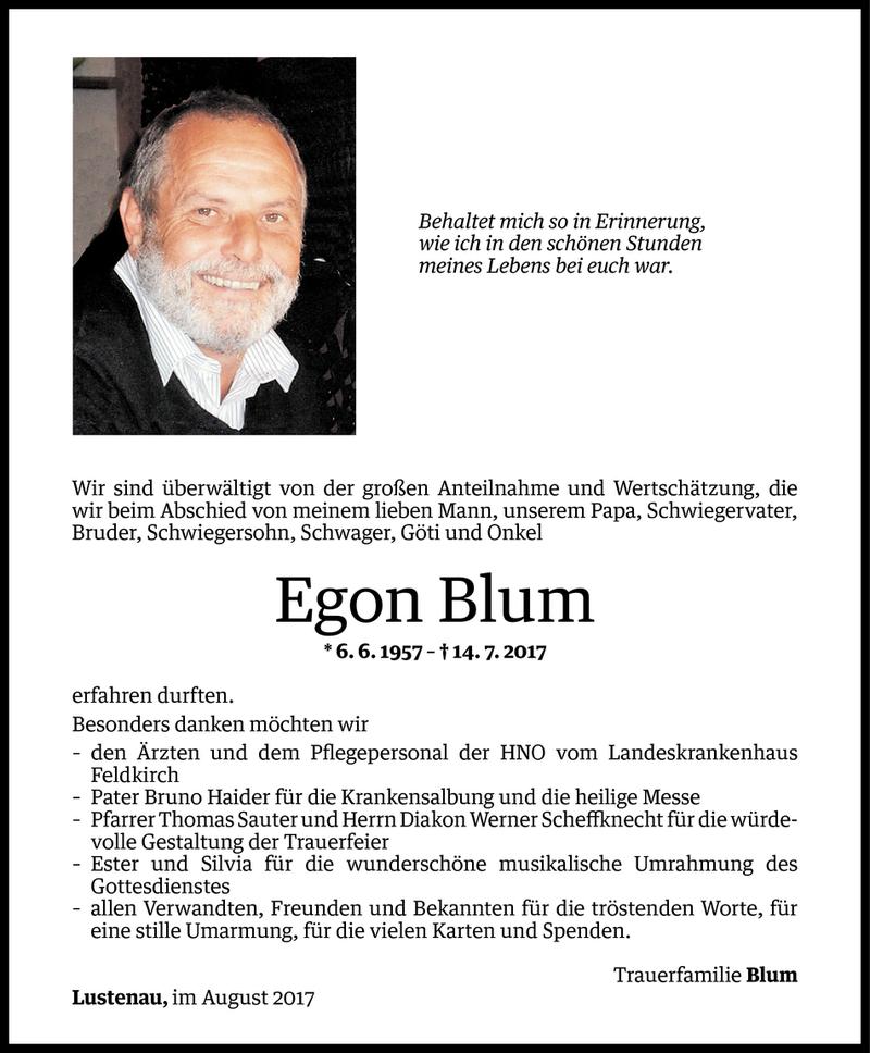 Todesanzeigen Von Egon Blum | Todesanzeigen Vorarlberger Nachrichten