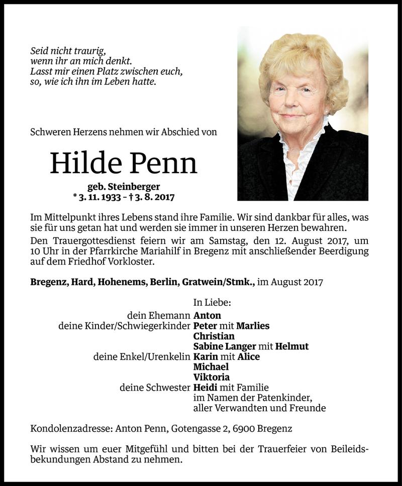  Todesanzeige für Hilde Penn vom 08.08.2017 aus Vorarlberger Nachrichten