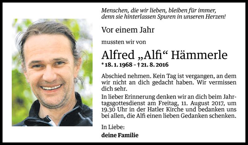  Todesanzeige für Alfred Hämmerle vom 09.08.2017 aus Vorarlberger Nachrichten