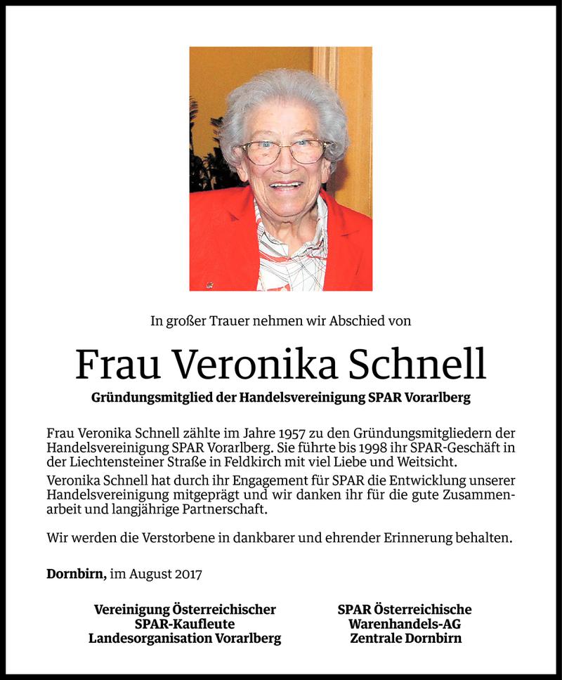  Todesanzeige für Veronika Schnell vom 08.08.2017 aus Vorarlberger Nachrichten