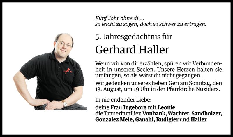  Todesanzeige für Gerhard Haller vom 10.08.2017 aus Vorarlberger Nachrichten