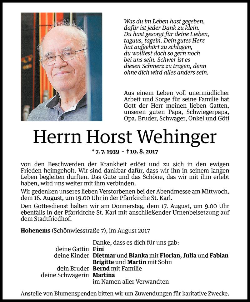  Todesanzeige für Horst Wehinger vom 14.08.2017 aus Vorarlberger Nachrichten